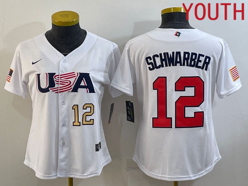 Youth 2023 World Cub USA #12 Schwarber White MLB Jersey1